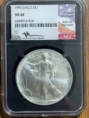 1993 AMERICAN🇺🇸 SILVER EAGLE NGC MS68 Mercanti signed Flag Label Low Mintage