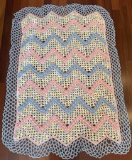 VTG Handmade Chevron Crochet Afghan Baby Blanket Pastel Pink Blue Yellow