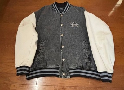 BEAMS HEART Denim Varsity Jacket M Gray Quilted Vintage Style Mens Outerwear