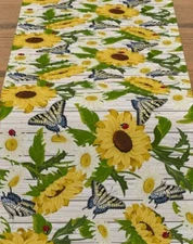 Extra Long Fabric Printed Table Runner(13"x78") SUNFLOWERS & BUTTERFLIES