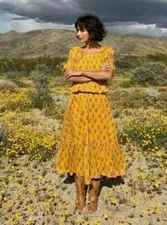 Rhode Resort Frida Printed Midi Dress Floral Off The Shoulder Yellow M 266151
