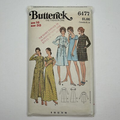 1970s Butterick Sewing Pattern 6477 Robe Housecoat Nightgown Sz 16 B 38 COMPLETE