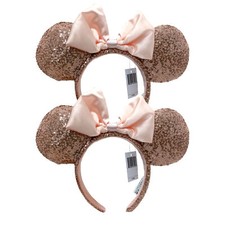 Disney-Parks Rose Gold Champagne Sequin Pink Bow Minnie Mouse Ears Headband 2pcs