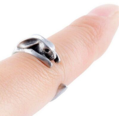 Intricate Cute Bunny Rabbit Black Eyes Crystal Animal Hug Ring