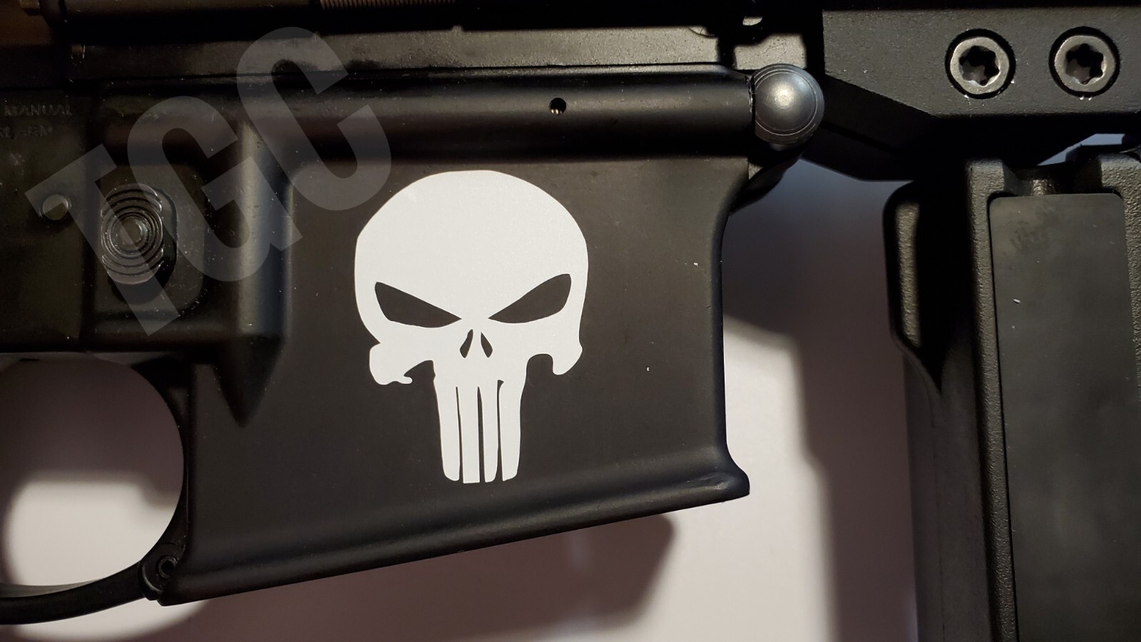 (3) Punisher VINYL DECAL, AR 15 Airsoft MSR lower magwell sticker, tactical gear