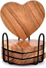 Acacia Wood Heart Shape Coaster Set of 4 with Iron Holder for Coffee Table Décor