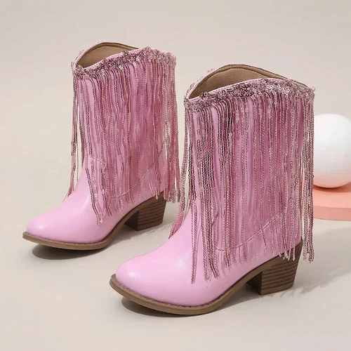 Girls Boots Autumn Winter Toddler Kids Princess Fashion Middle Calf Cowboys Boot - Imagen 4 de 30