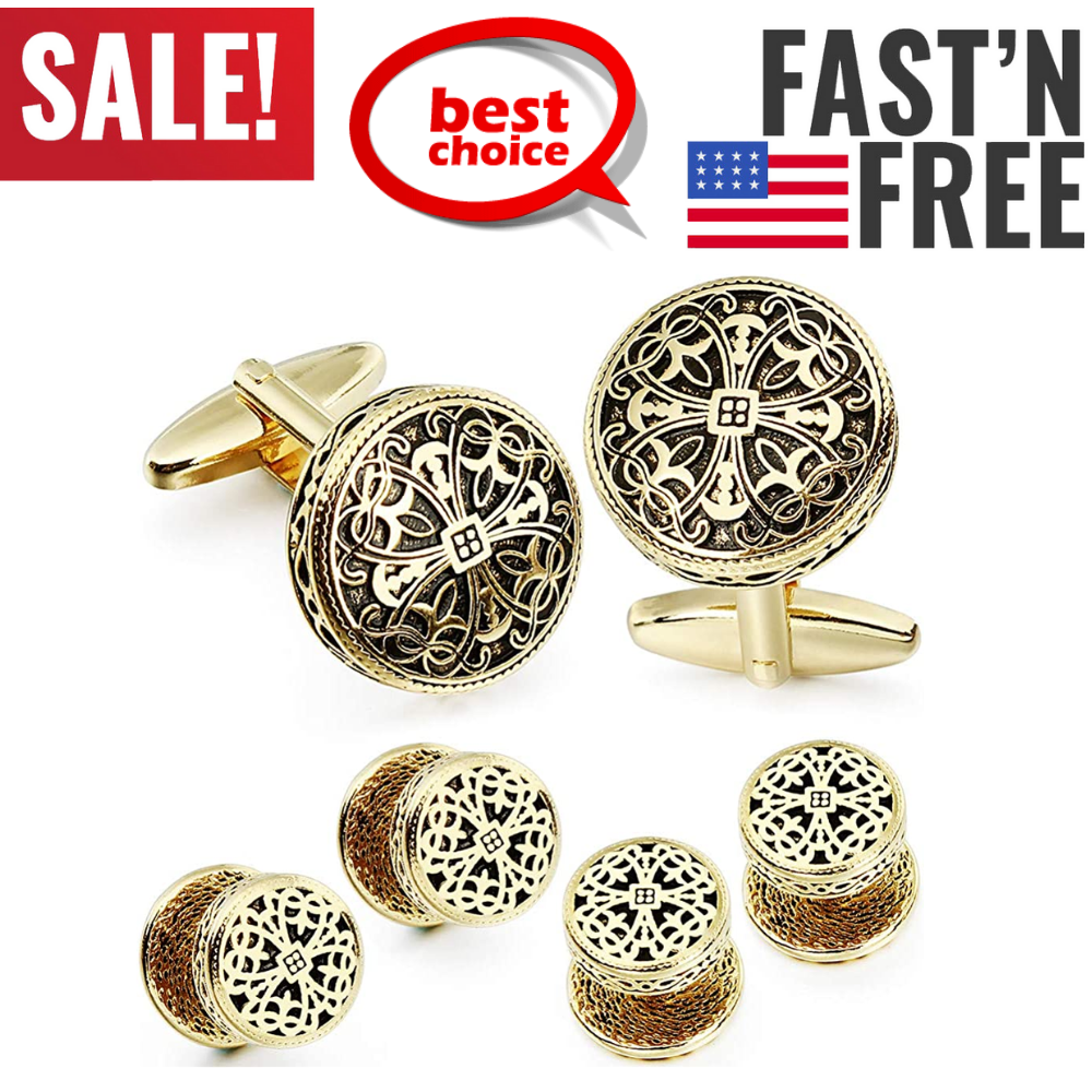 Retro Pattern Cufflinks And Tuxedo Shirt Studs Set For Men Wedding