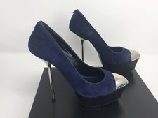 Gianmarco Lorenzi Sz 39 Blue Suede Steel Tip Double Platform Stiletto Pumps