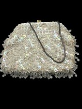 Vintage Evening Bag Ivory Beaded Irridescent Sequin Kiss Lock Handmade Hong Ko