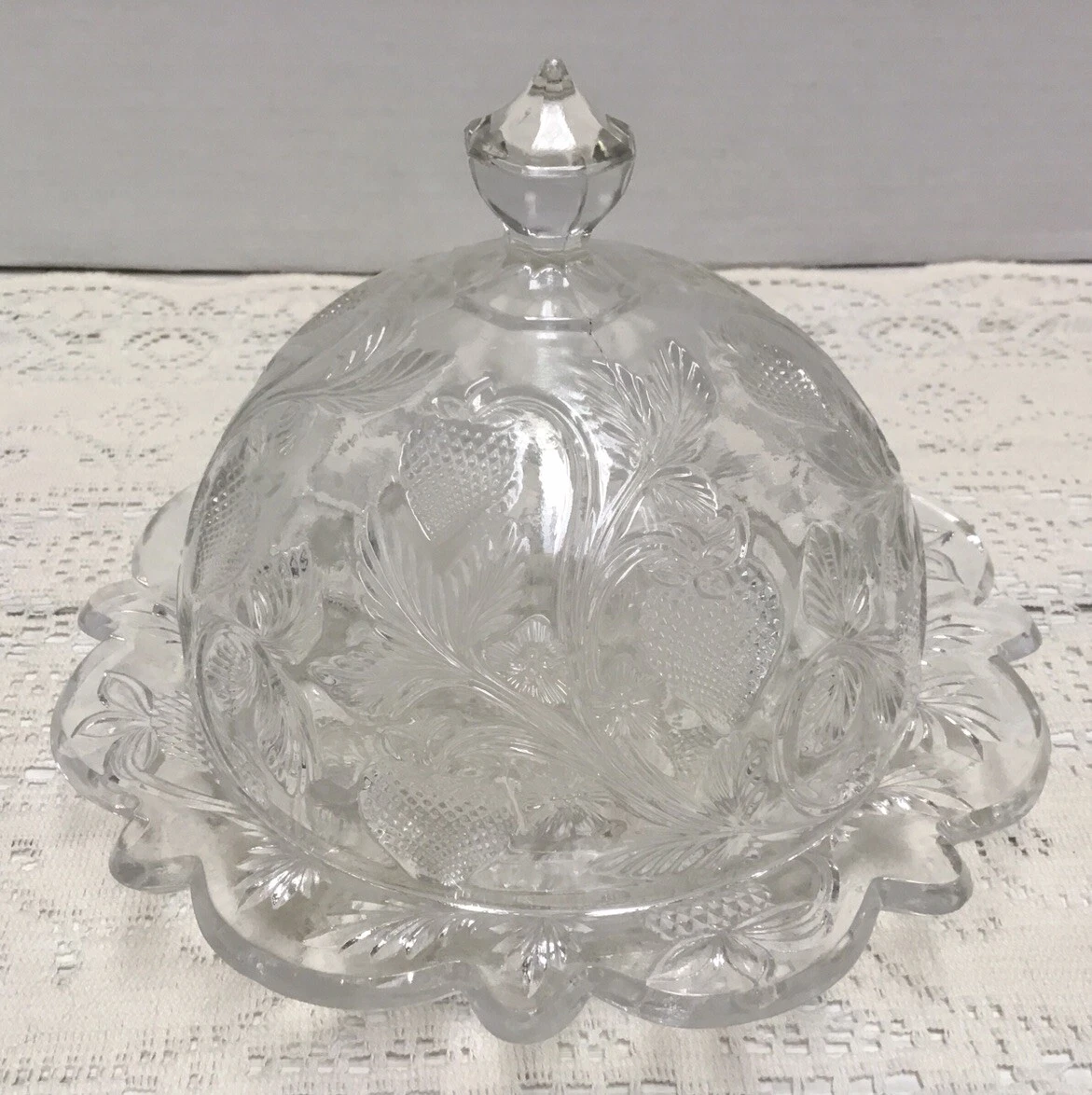 STRAWBERRY Clear Round BUTTER DISH GLASS Dome Lid Cambridge NEAR CUT