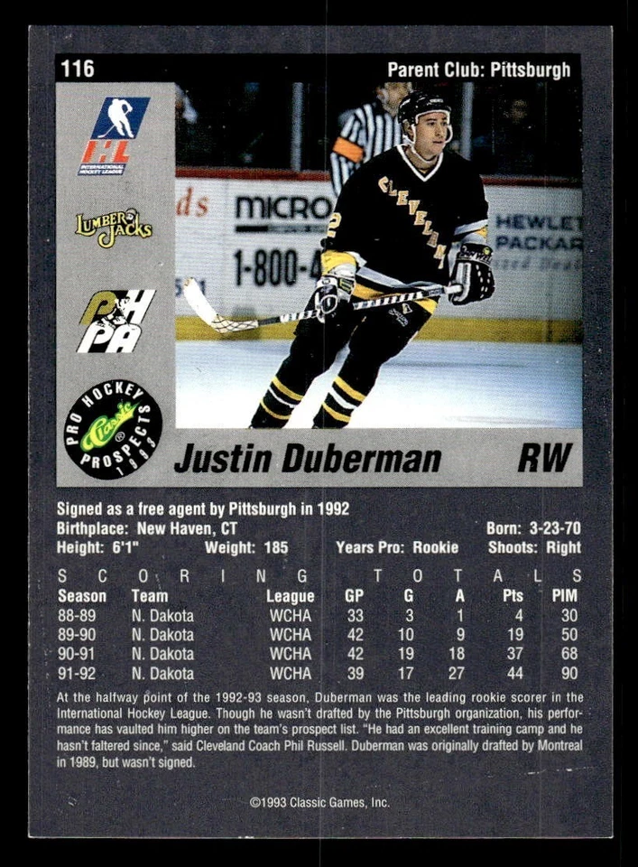 1993 Classic Prospects Hockey #116 Justin Duberman Signed Auto (no COA) - Image 2 of 2