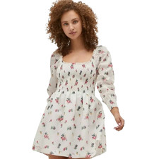 NWT URBAN OUTFITTERS Sofia Mini Peasant Dress, White Pink Floral Linen Boho, M