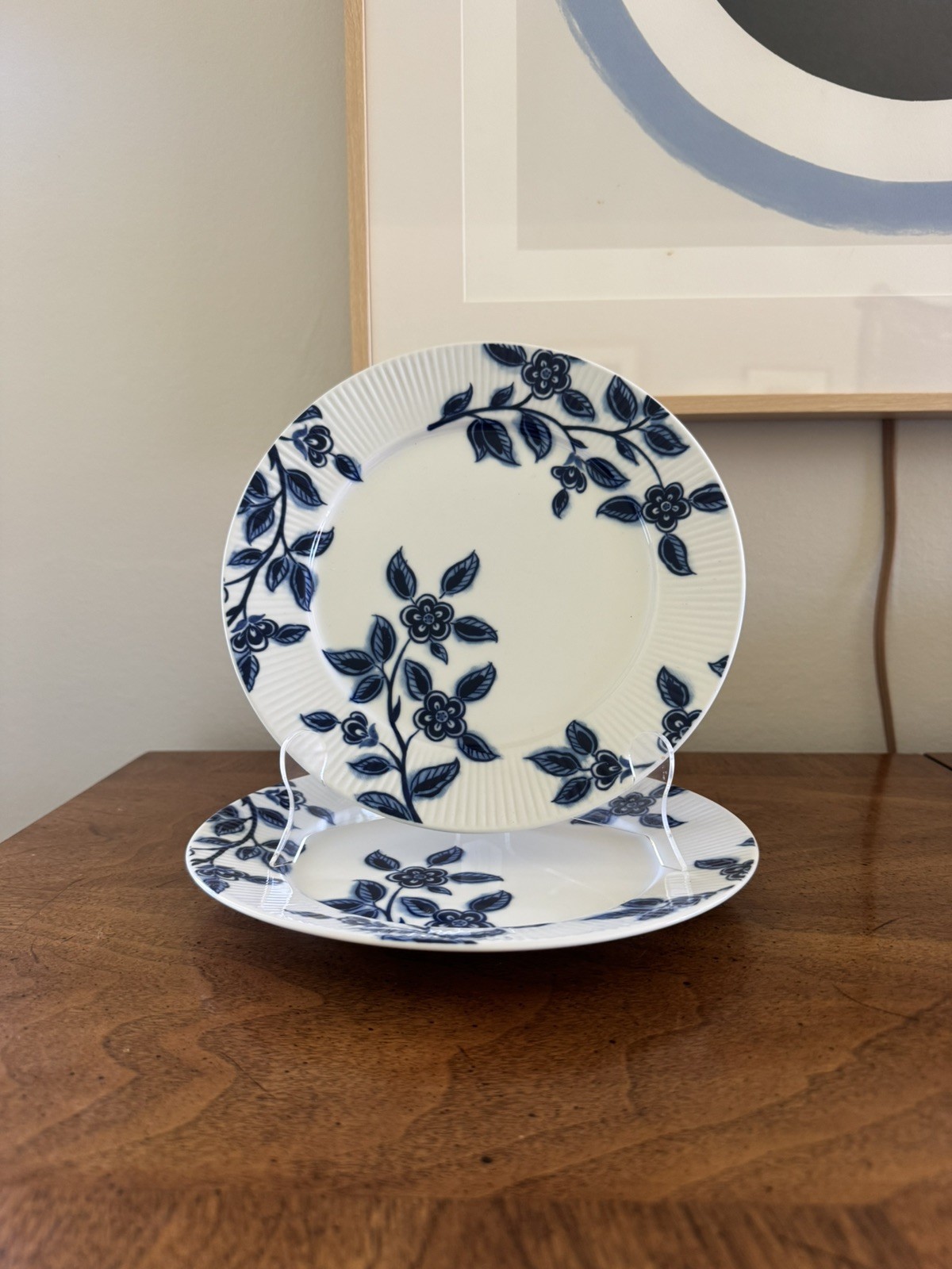 PAIR NEW Retired Dansk Blue & White Northern Blossoms Fluted Salad Plates 8 3/4”