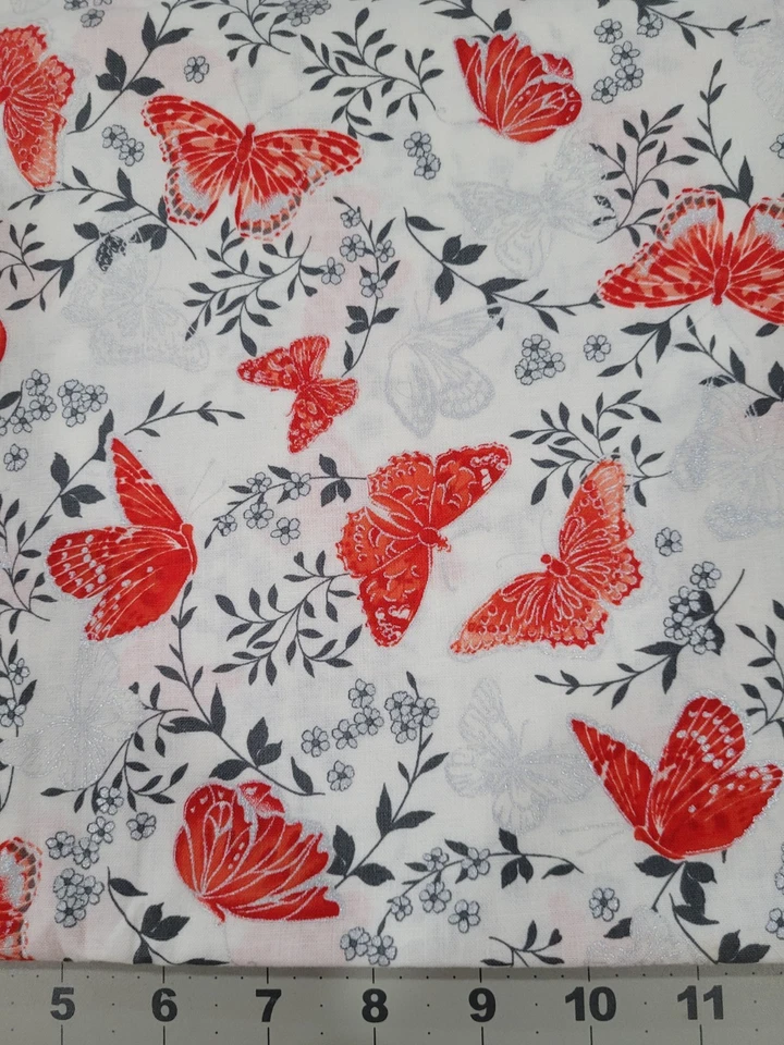 VENTA VENTA Paseo Mariposa Bernatex Rojo Plata Mariposas Gris Floral 2 yardas Foto 2 de 3
