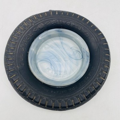 Goodrich Silvertown Tire Ashtray Blue Slag Swirl Glass 7'' Advertising