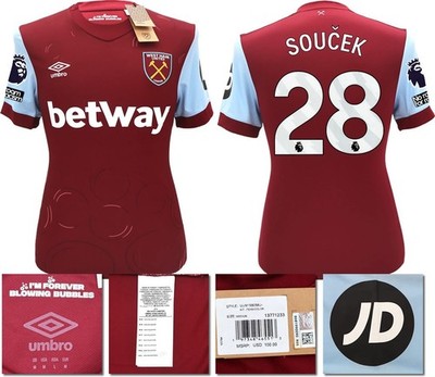 NEU MIT ETIKETT 2023 2024 UMBRO WEST HAM HEIMTRIKOT SOUCEK 28 + PATCHES HERREN SMALL