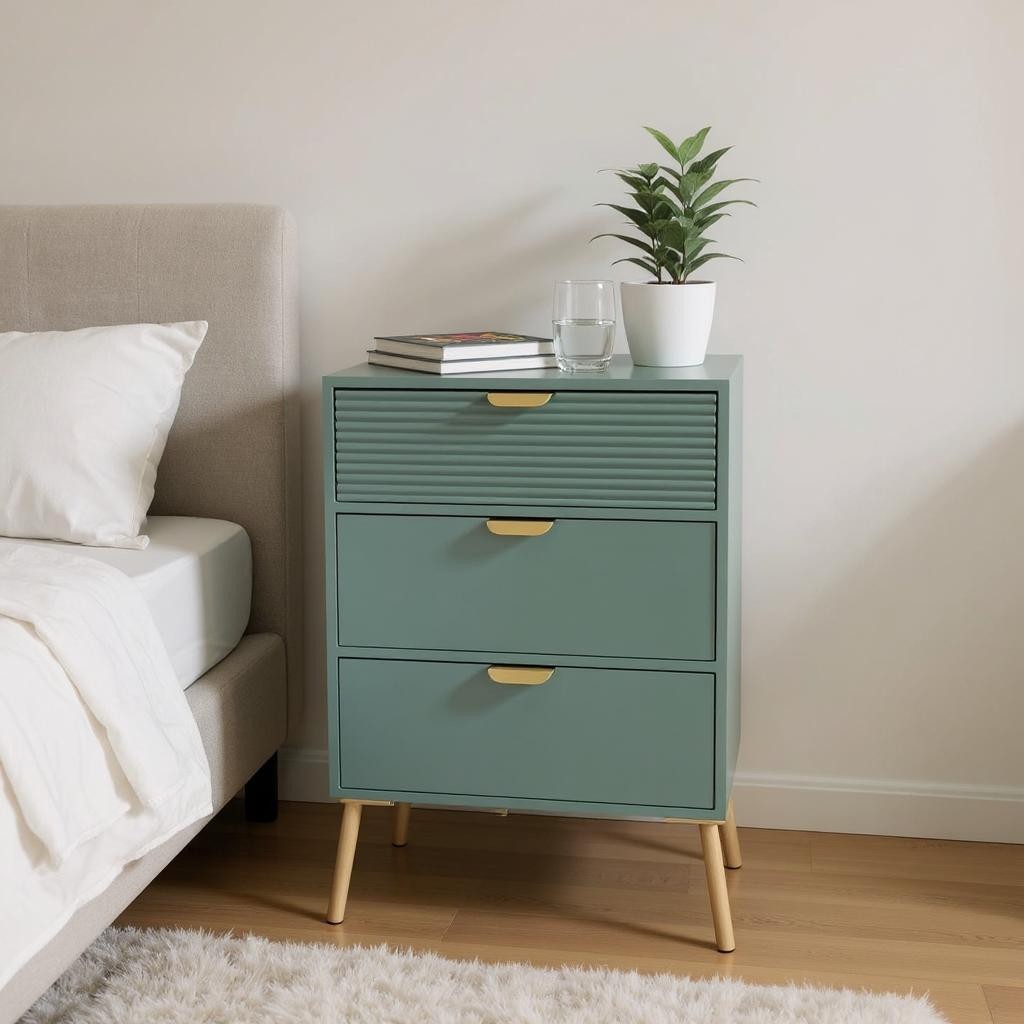 Green Chest of Drawers Bedside Table Solid Wooden Top  Furniture 3 Drawer
