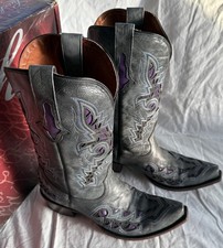 Lucchese Women's M3568 Plato Calf Gray/Purple inlay boots 10C