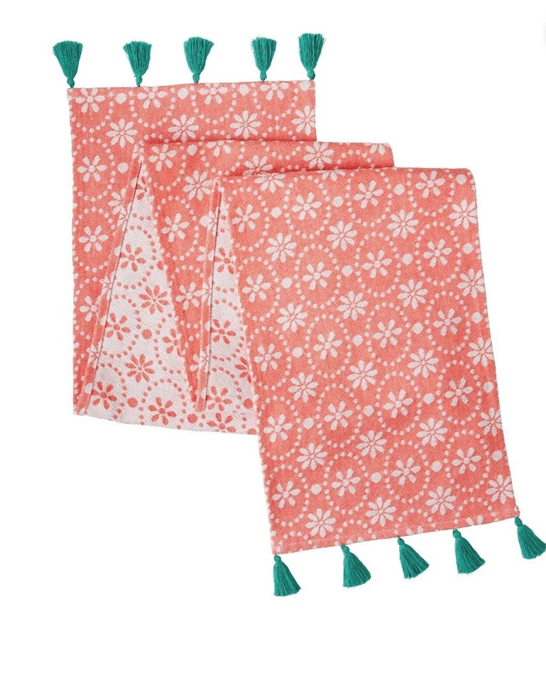 Pioneer Woman Table Runner Daisy Geo Coral Turquoise Tassels NWT  14”W x90”L - Image 3 of 4