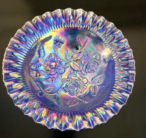 Vtg L.E. Smith Iridescent Blue/Purple Carnival Glass Rose Pattern Footed Bowl