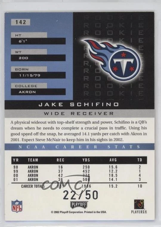 2002 Playoff Honors Rookie Xs /50 Jake Schifino #142 Rookie RC - Image 2 of 2