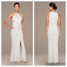 Alex Evenings Long Halter Lace Sheath Dress with Skirt Slit in Taupe size 8