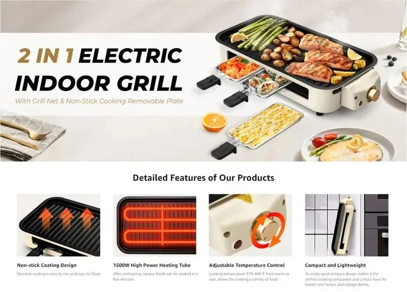 Electric Smokeless Indoor Grill 1500W Non-Stick BBQ Griddle Hot Pot Cooker - Image 2 of 4