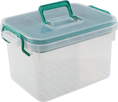 Transparent first aid kit, plastic storage box with lockable lid and handle