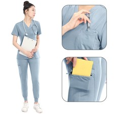 Scrubs Set for Nurse Women Medical Uniform Stretch V-Neck Top Straight Leg Pant