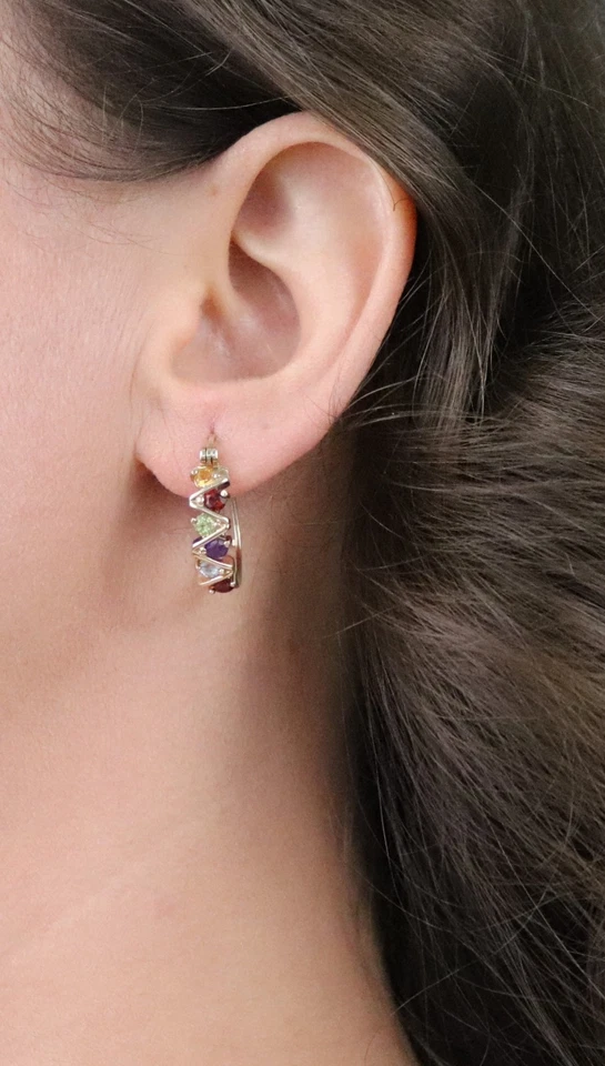 Pendientes de aro de oro de 18k sobre plata de ley con múltiples piedras preciosas naturales de 7/8" Foto 2 de 4