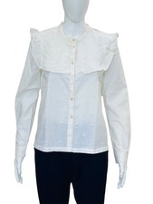 Doen Women's Eyelet Embroidered Ruffled Long Sleeve Salt Cotton Blouse Size S