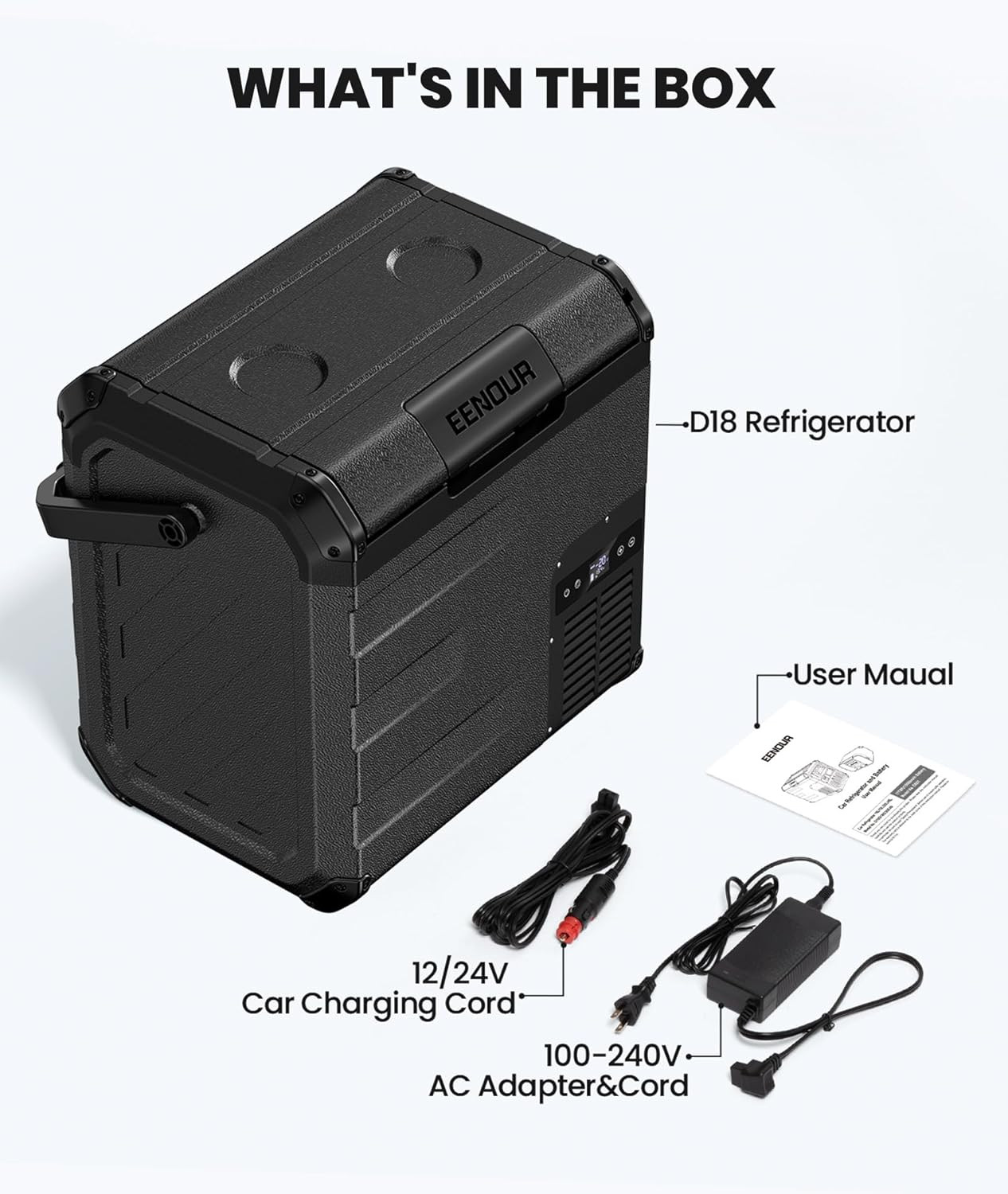 D18 Portable Car Refrigerator - 19Qt Battery & Solar Powered Cooler Black