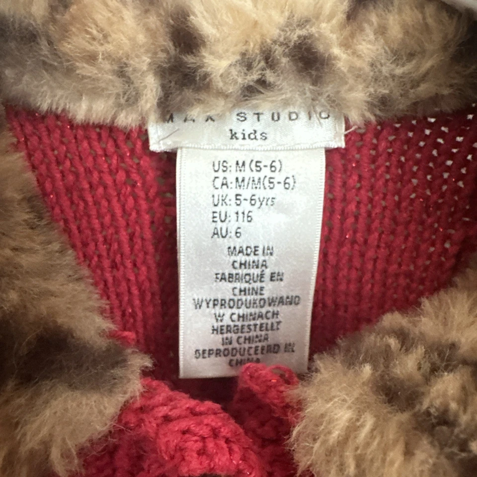 Max Studio Kids Christmas Sweater Girls M 5-6 Red Sparkle Leopard Faux Fur Purse - Image 4 of 4