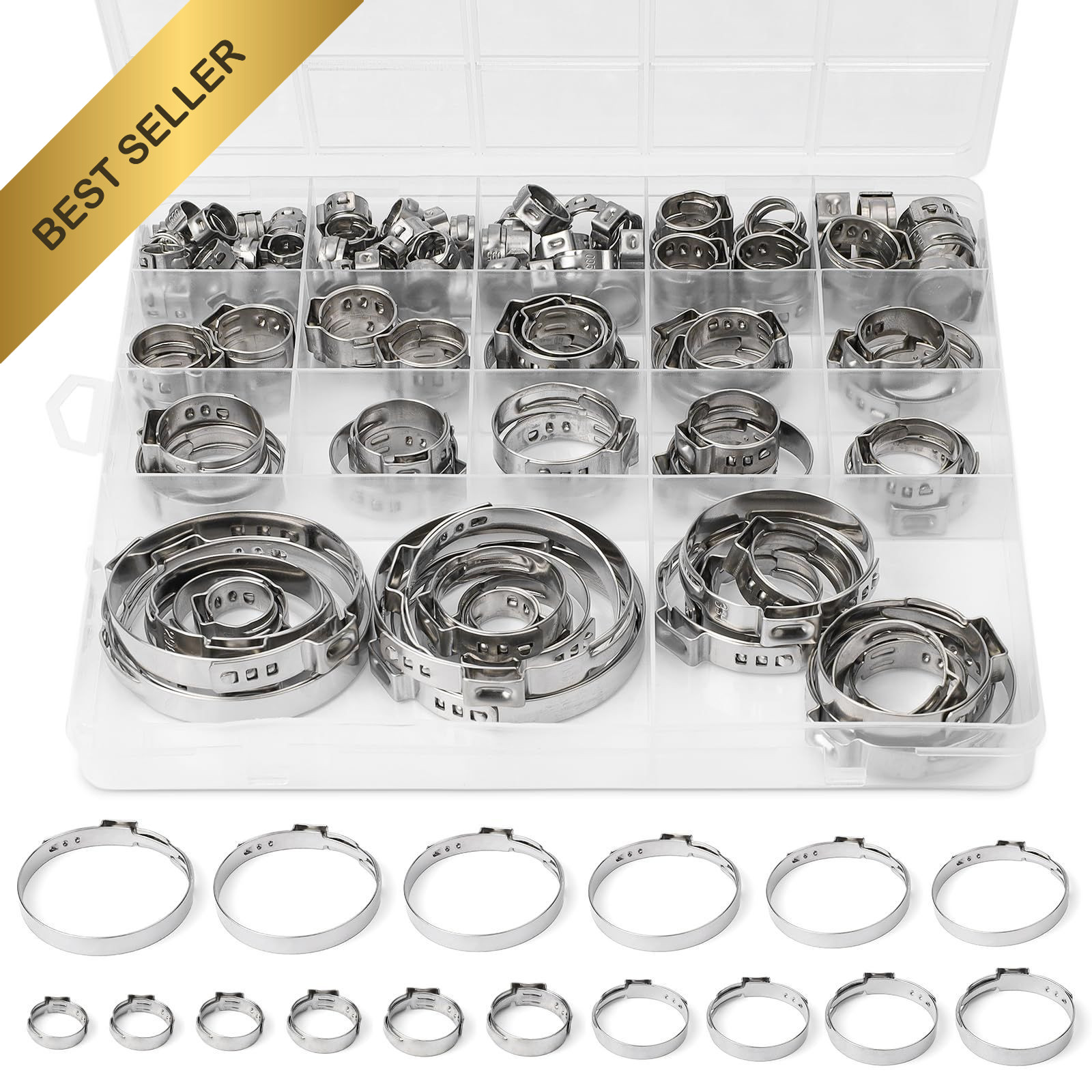 Sieqioor 117PCS Single Ear Hose Clamp Kit 16 Sizes 304 SS 5.3-48.5mm Assortment