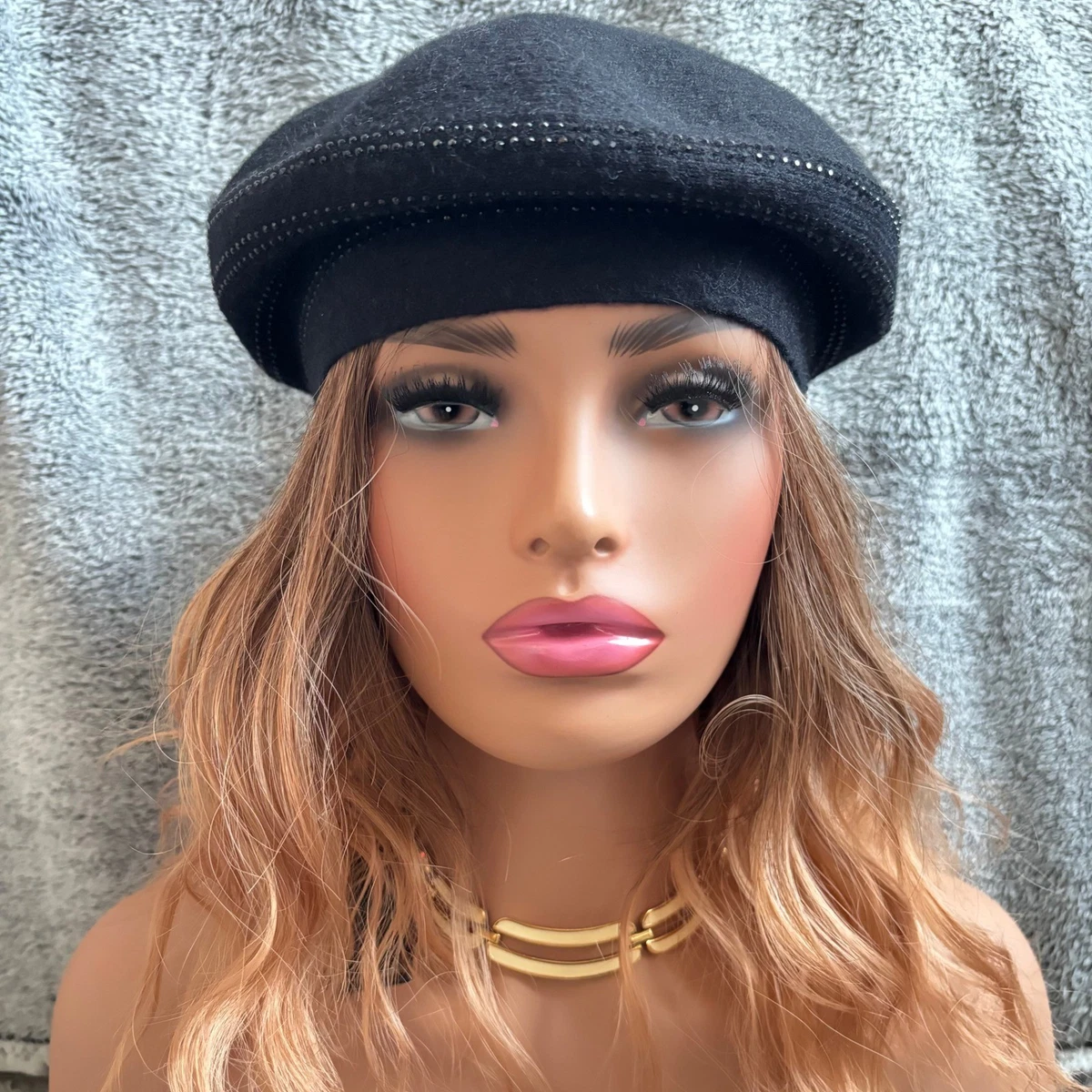 Sole‎ Society Fuzzy Eyelash Black Beret Gunmetal Studded Hat Military City Glam il_fullxfull.  main image 4