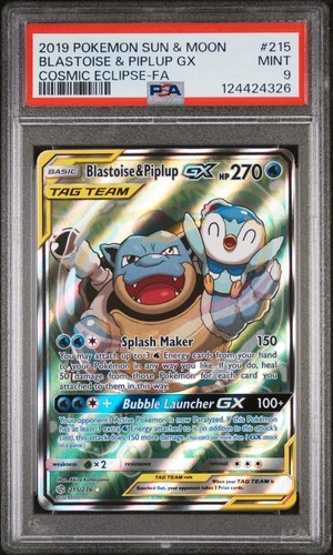 2019 POKEMON SUN & MOON COSMIC ECLIPSE #215 FULL ART/BLASTOISE & PIPLUP GX PSA 9