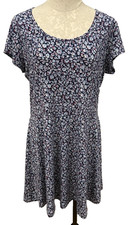 Michael Kors Blue Floral Print Short Sleeve Jersey Dress Rear Zip Women's XL