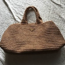 PRADA Raffia Tote Bag TALCO Beige Gold Logo Italy 2013 Card Included Used