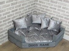 Large Personalised Grey Corner Wooden Dog Bed In Grey Crushed Velvet