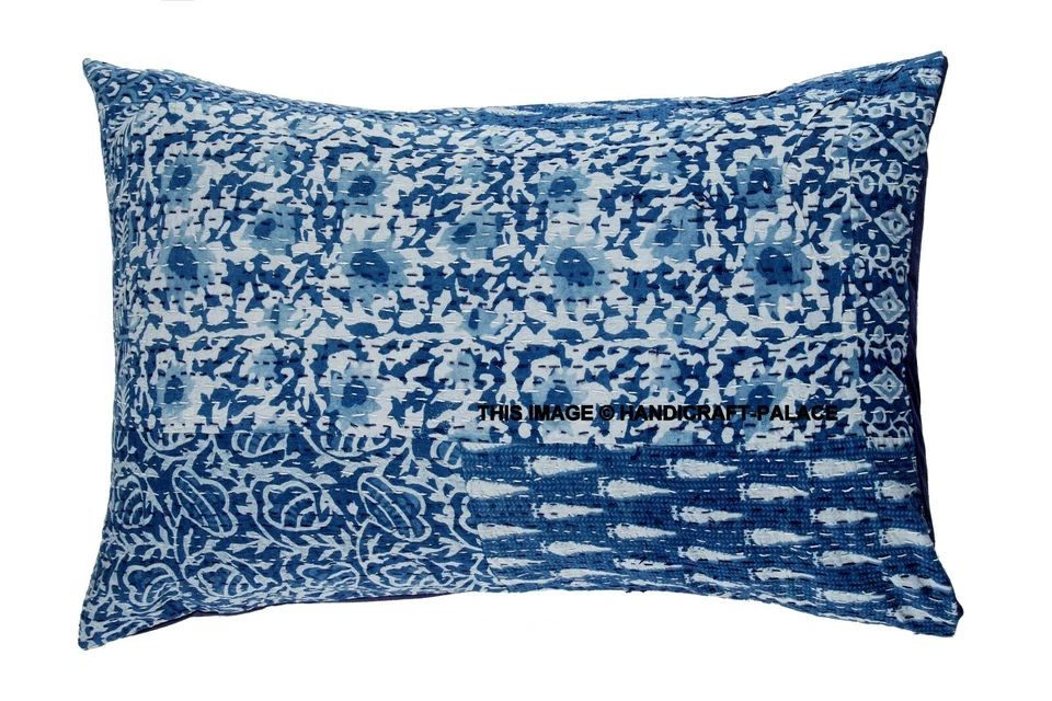2 PC Indigo Patch Kantha Pillow Sham Handmade Kantha Cushion Cover Bed Throw 28" - Image 2 of 3