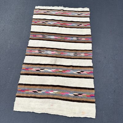 Vintage 70s Peruvian Alpaca Wool Kilim Blanket Rug Cream Aztec 35 in x 65 in