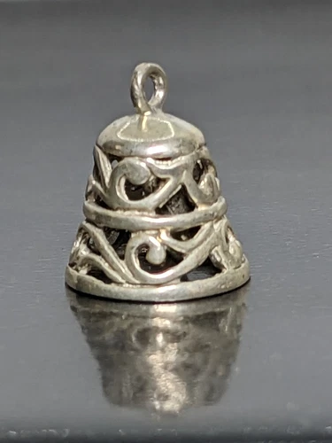 Vintage Sterling Silver 925 Scroll Work 3D Ringing Movable Bell Charm Pendant