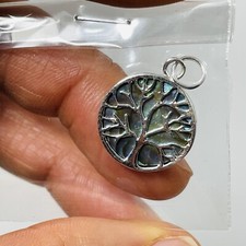 925 Silver Tree Of Life Abalone Pendant Shell Round Textured Craft Boho Hippie