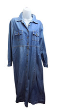 Vintage 90s Denim Midi Dress Prairie Long Sleeve Button Front Westerncore Boho L