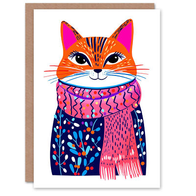 Tabby Winter Floral Jumper Pink Scarf Cat Lover Festive Xmas Weihnachtskarte