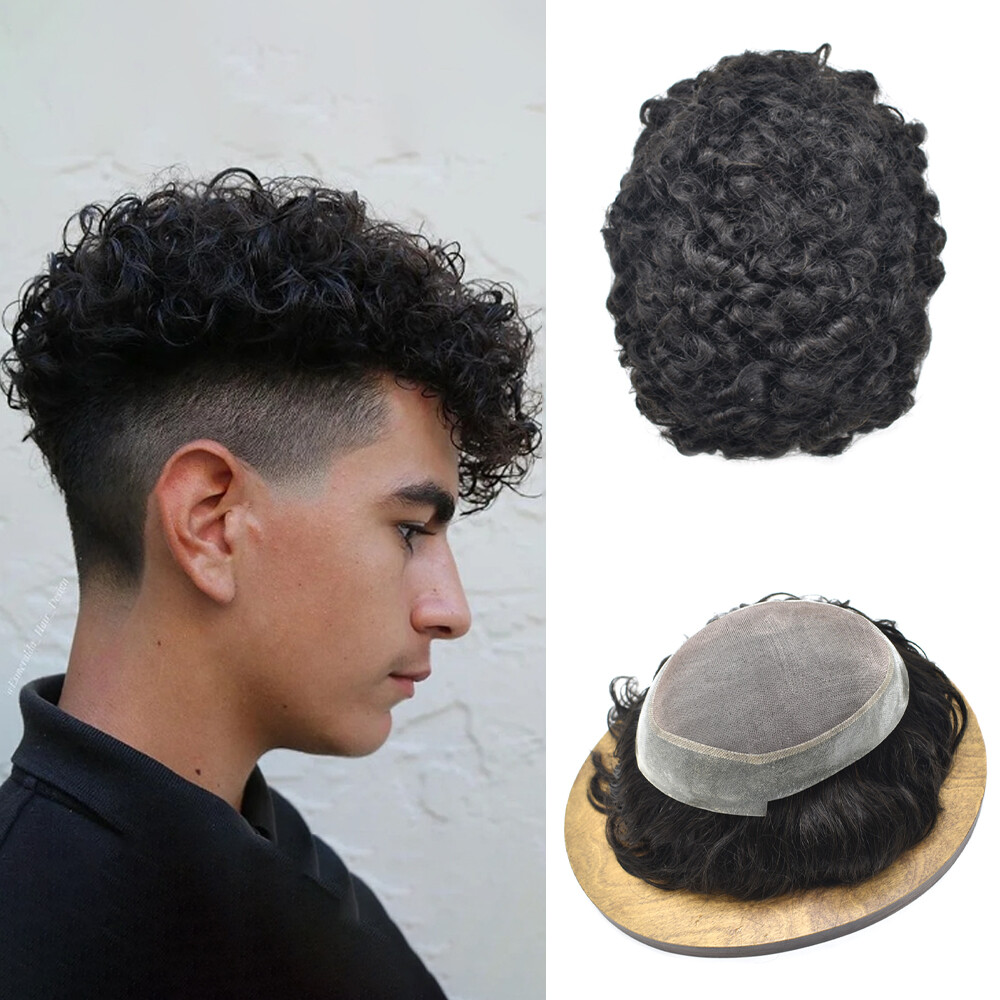 Curly Toupee for Black Men Human Hair System Fine Mono Poly Mens Wigs 20MM  25MM