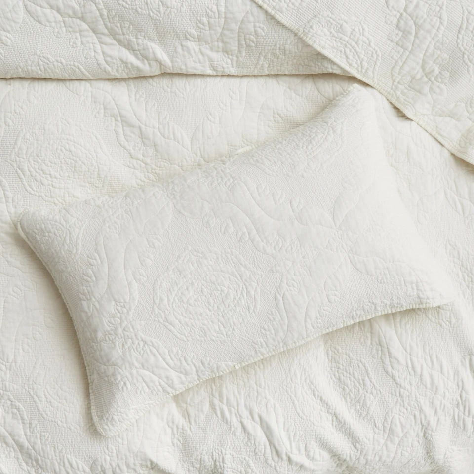 Tache Cotton Ivory White Floral Damask Matelassé Quilted Coverlet Bedspread Set - Image 4 of 4