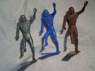 3-1960s MARX FOOTBALL PUNTERS KICKERS PLASTIC TOY FIGURES,Antique,brown,silver