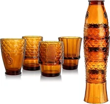 Frcctre Set of 4 Koi Fish Design Drinking Glasses, Stackable Amber Tumbler Glass